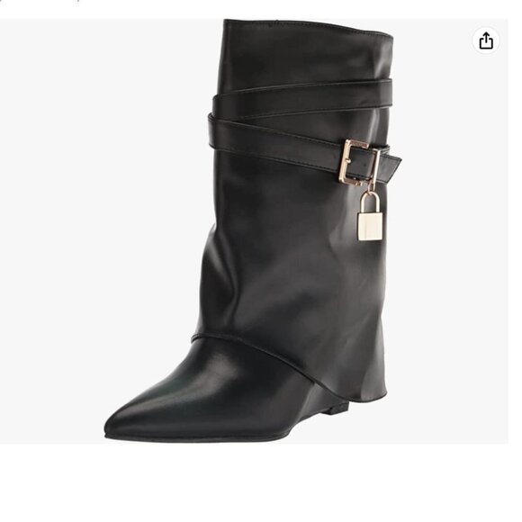 Yoki Black Wedge Mid Calf Boots Gold Lock Charm Size 6 - Picture 1 of 15